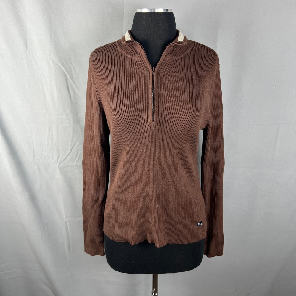 Polo Ralph Lauren Sweater Womens Large Brown Cotton Ribbed Knit Quarter Zip Cozy